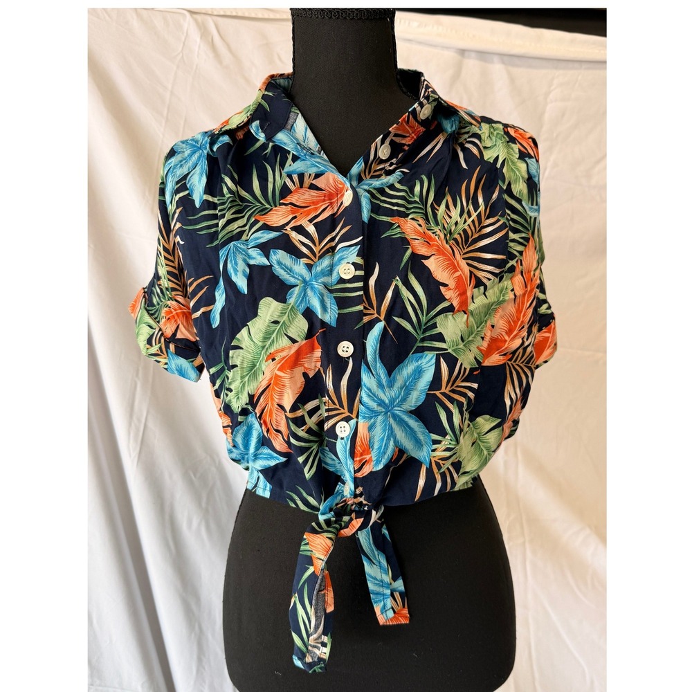 Tourist Trap Women Tropical Floral Crop Tie Front Shirt Navy Blue Short Sleeve S